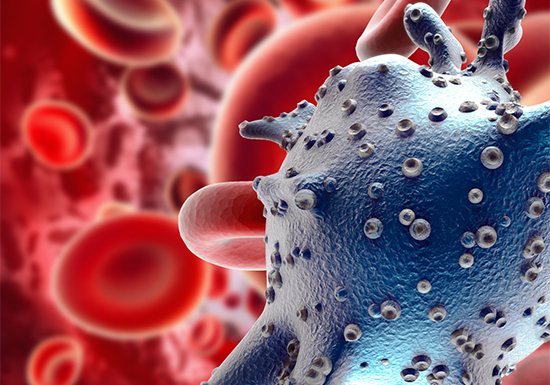 Rappresentazione concettuale di cellule tumorali e globuli rossi, per illustrare la relazione tra biotina e biologia cellulare nella ricerca oncologica