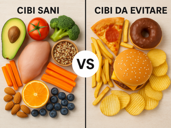 Confronto visivo tra cibi sani (verdure, pesce, noci) e cibi meno salutari (fritti, dolci) per la gestione del colesterolo e la salute del cuore.