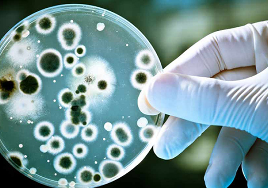 Immagine al microscopio di un campione di Candida albicans, che mostra le caratteristiche ife fungine e cellule di lievito.
