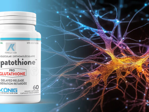 Flacone dell'integratore Hepatothione affiancato da un'illustrazione di connessioni neurali o sinapsi, a simboleggiare il suo supporto alla salute del cervello attraverso il glutatione.