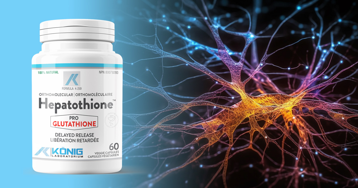 Flacone dell'integratore Hepatothione affiancato da un'illustrazione di connessioni neurali o sinapsi, a simboleggiare il suo supporto alla salute del cervello attraverso il glutatione.
