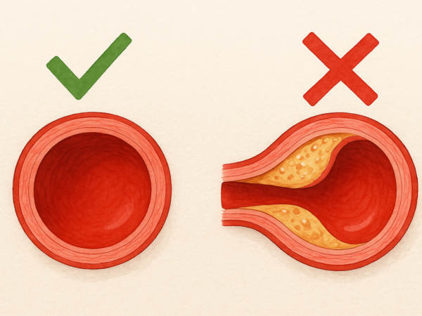 Illustrazione medica che confronta un'arteria ostruita da placca aterosclerotica (a destra) e un'arteria pulita e sana (a sinistra).
