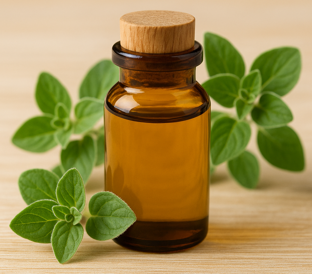 Bottiglietta di olio essenziale di origano accanto a foglie fresche. Rimedio naturale per la salute.