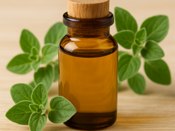 Bottiglietta di olio essenziale di origano accanto a foglie fresche. Rimedio naturale per la salute.
